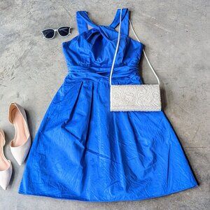 David's Bridal Blue Halter Neck Fit and Flare Short Bridesmaid Dress